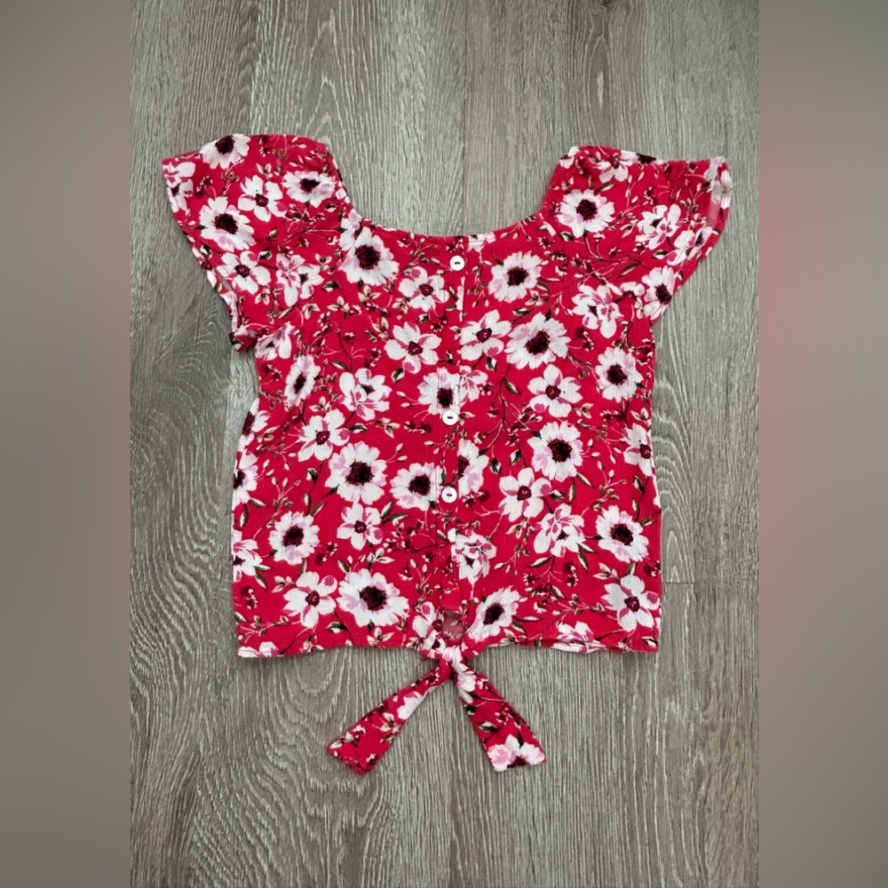 Love Alexa girls red floral blouse top button tie front size 7